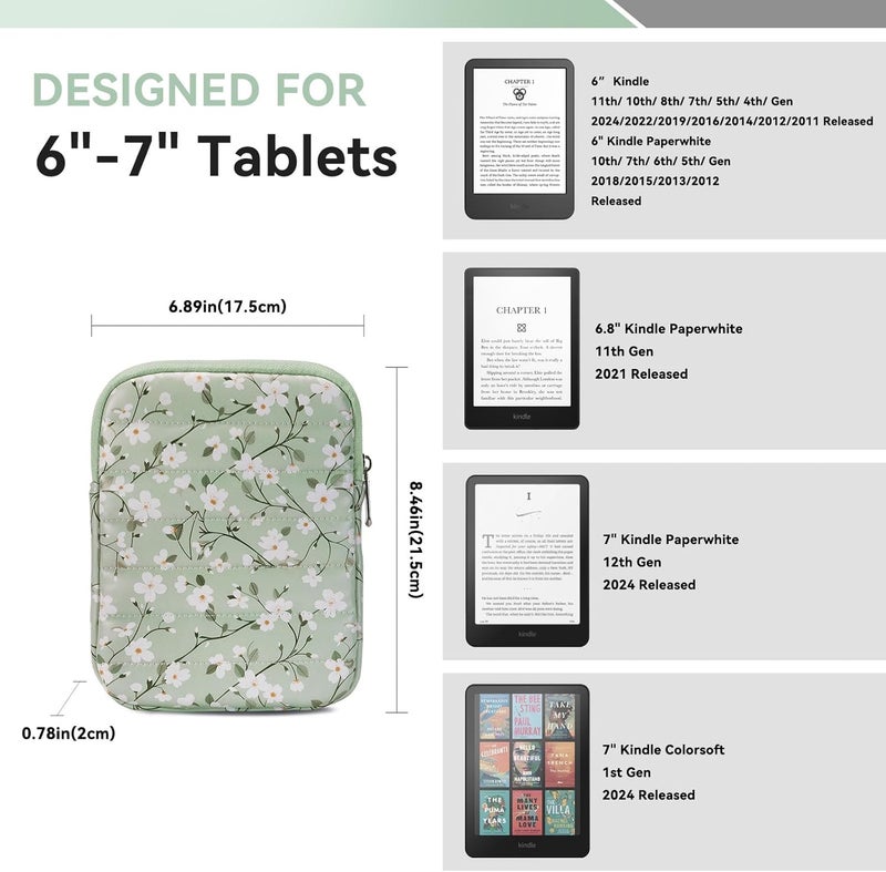 Clezolraa 6-7 Inch Puffy Sleeve Case for 7" Kindle Paperwhite 12th Gen/Colorsoft 2024, 6.8" Kindle Paperwhite 11th Gen, 6" Kindle 11th Gen 2024/2022, Oasis, Protective Pouch Bag, Green Floral - Image 2